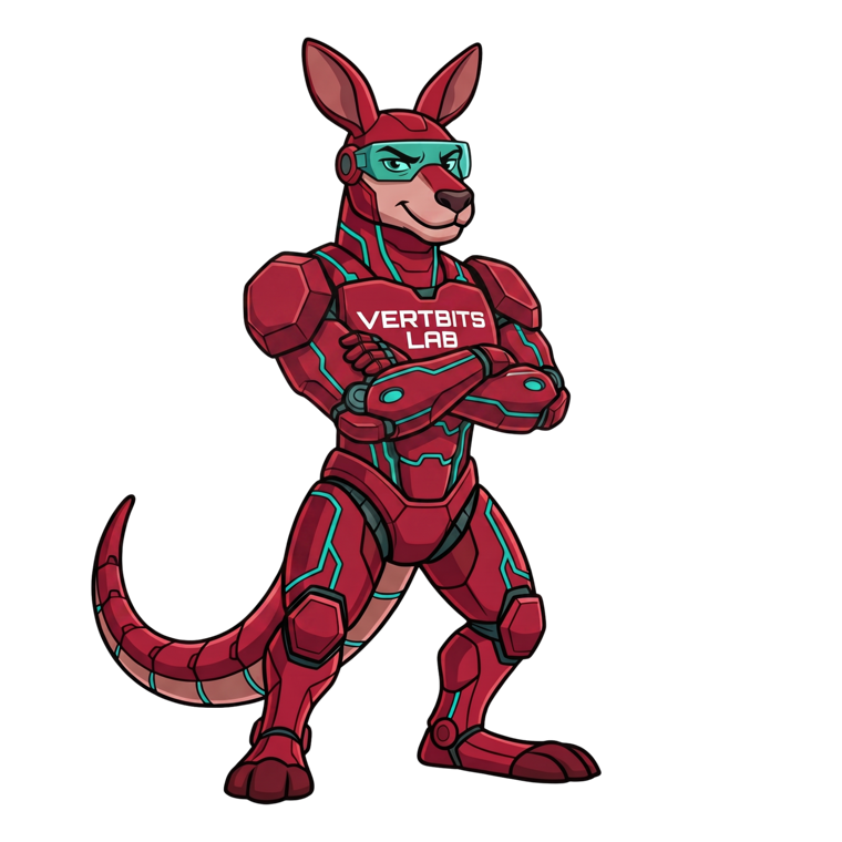 Byte, the Vertbits Lab mascot, standing with arms crossed