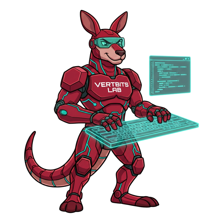 Byte, the Vertbits Lab mascot, typing on a holographic keyboard